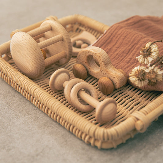 Handcrafted Wooden Car and Rattle Set for Montessori Babies